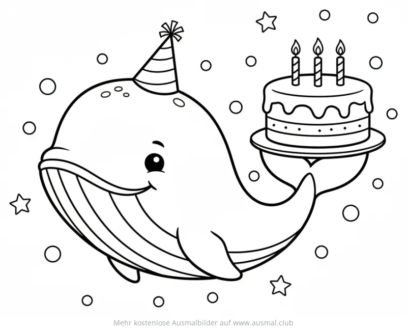 Wal mit Geburtstagshut und Kuchen Ausmalbild