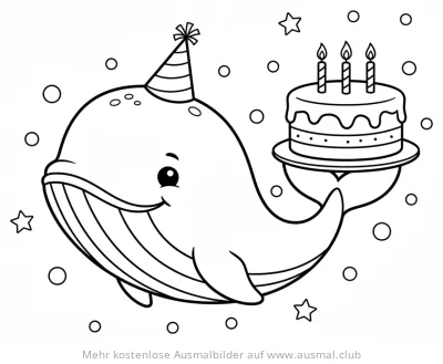 Wal mit Geburtstagshut und Kuchen Ausmalbild