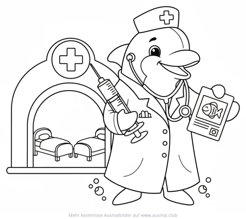 Delfin als Arzt mit Spritze und Stethoskop Ausmalbild