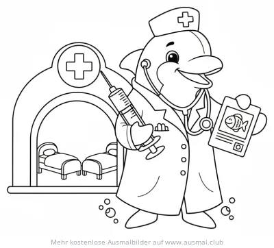 Delfin als Arzt mit Spritze und Stethoskop Ausmalbild