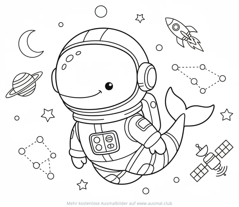 Wal im Astronautenanzug Ausmalbild im Weltraum