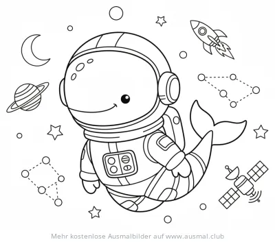 Wal im Astronautenanzug Ausmalbild im Weltraum