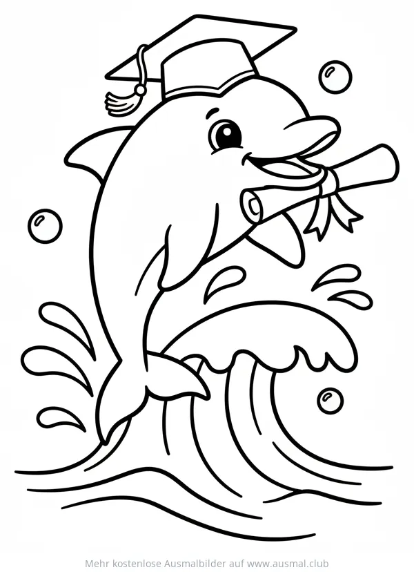 Delfin mit Doktortitel und Mütze Ausmalbild