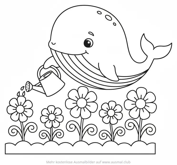 Wal gießt Blumen mit Gießkanne Ausmalbild