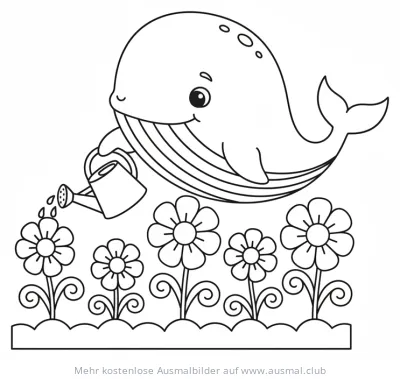 Wal gießt Blumen mit Gießkanne Ausmalbild