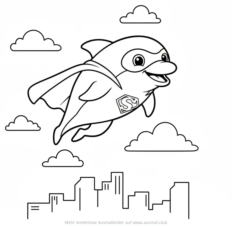 Delfin Superheld fliegt über Stadt Ausmalbild