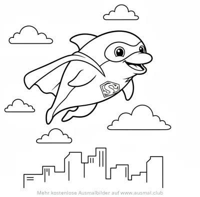 Delfin Superheld fliegt über Stadt Ausmalbild