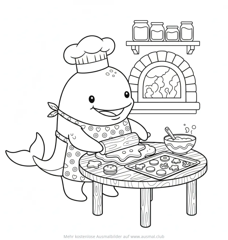 Wal mit Kochmütze als Bäcker beim Plätzchen ausrollen Ausmalbild