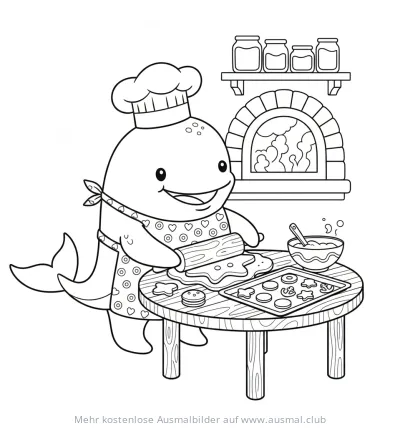 Wal mit Kochmütze als Bäcker beim Plätzchen ausrollen Ausmalbild