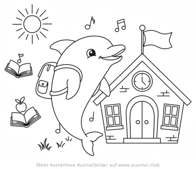 Delfin mit Rucksack vor Schule Ausmalbild