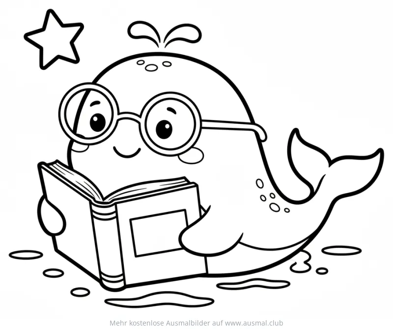 Cartoon Wal mit Brille liest ein Buch Ausmalbild