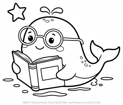 Cartoon Wal mit Brille liest ein Buch Ausmalbild