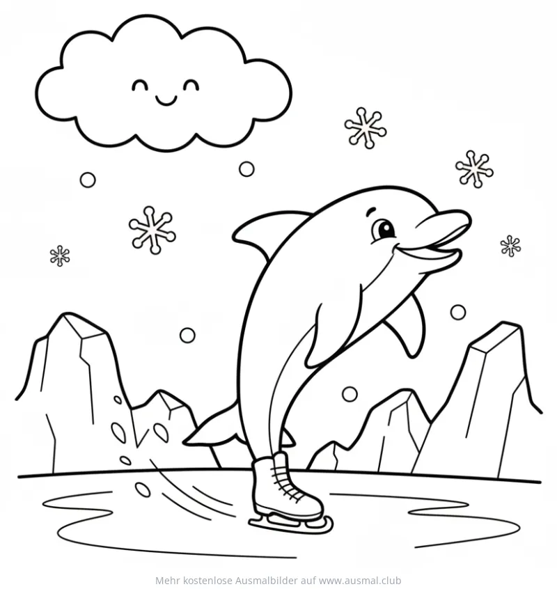 Delfin mit Schlittschuhen beim Eislaufen Ausmalbild