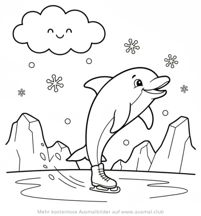 Delfin mit Schlittschuhen beim Eislaufen Ausmalbild