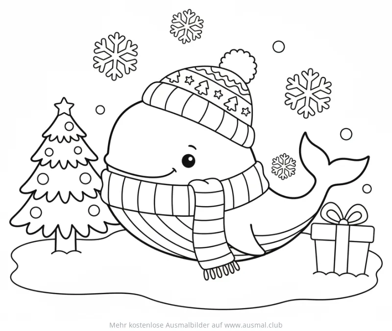 Weihnachtlicher Wal mit Mütze und Weihnachtsbaum Ausmalbild