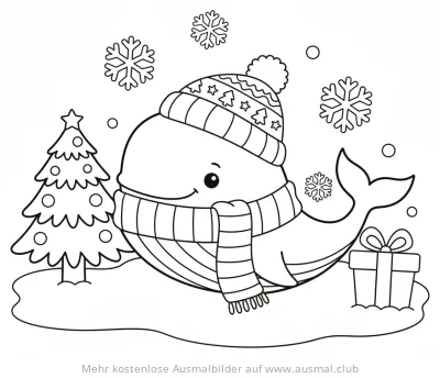 Weihnachtlicher Wal mit Mütze und Weihnachtsbaum Ausmalbild
