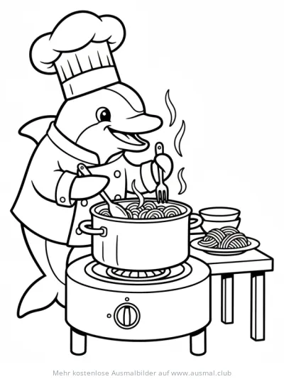 Delfin als Koch kocht Spaghetti Ausmalbild