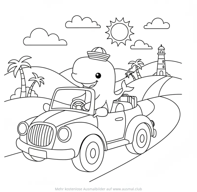 Wal mit Matrosenmütze fährt Cabrio Ausmalbild