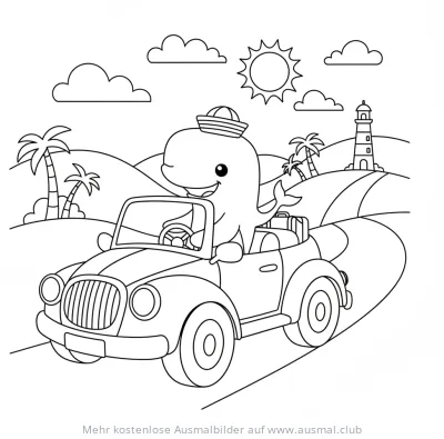 Wal mit Matrosenmütze fährt Cabrio Ausmalbild