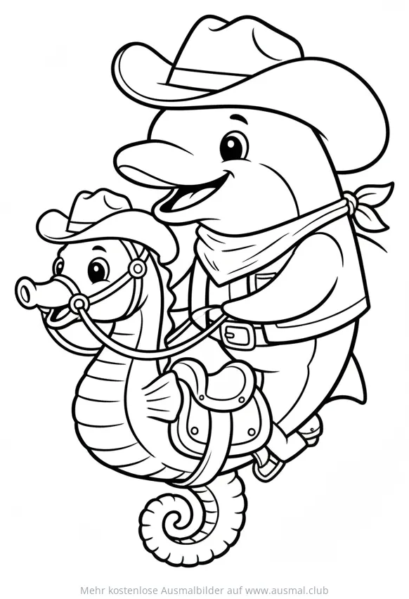 Delfin als Cowboy reitet auf Seepferdchen Ausmalbild