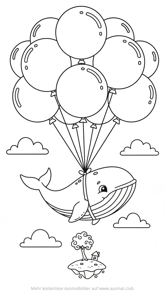 Wal Ausmalbild fliegt mit Luftballons über Insel
