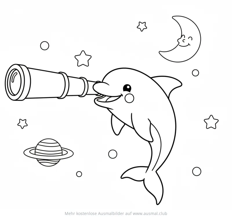 Delfin schaut durch Teleskop Ausmalbild mit Sternen und Mond