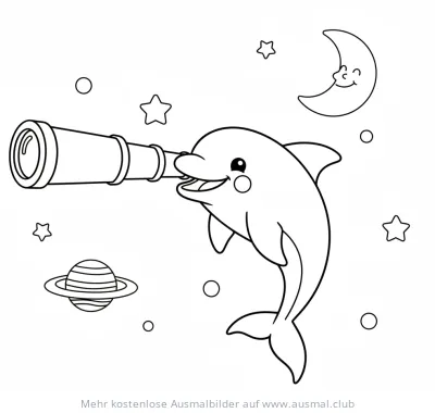 Delfin schaut durch Teleskop Ausmalbild mit Sternen und Mond