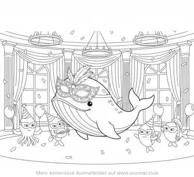 Wal mit Maske und feiernde Fische Ausmalbild