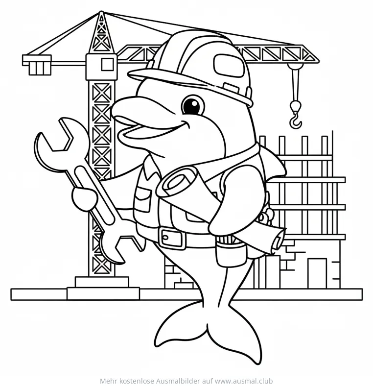 Delfin als Bauarbeiter mit Schraubenschlüssel und Bauplänen Ausmalbild