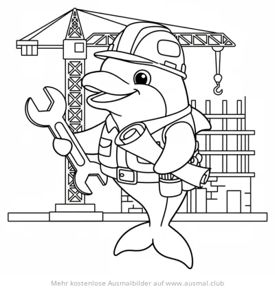 Delfin als Bauarbeiter mit Schraubenschlüssel und Bauplänen Ausmalbild