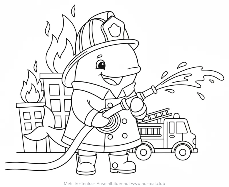 Wal als Feuerwehrmann beim Löschen eines Brandes Ausmalbild