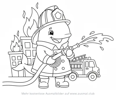 Wal als Feuerwehrmann beim Löschen eines Brandes Ausmalbild