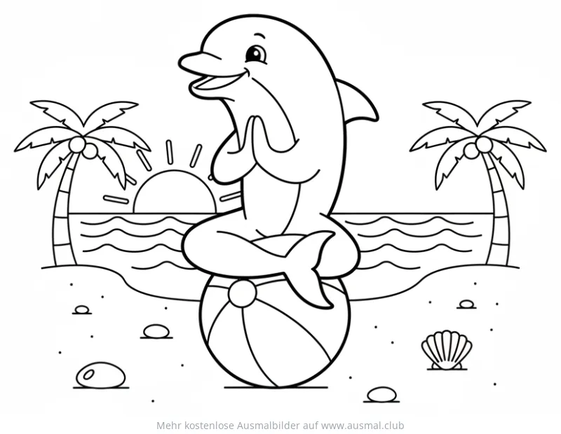 Delfin im Yoga-Sitz auf einem Ball am Strand Ausmalbild