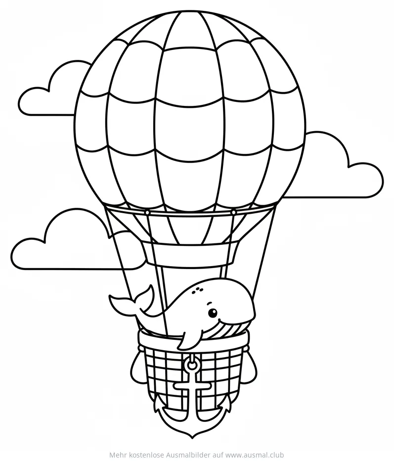 Wal im Heißluftballon mit Anker Ausmalbild