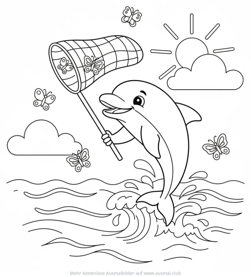 Delfin fängt Schmetterlinge mit Netz Ausmalbild