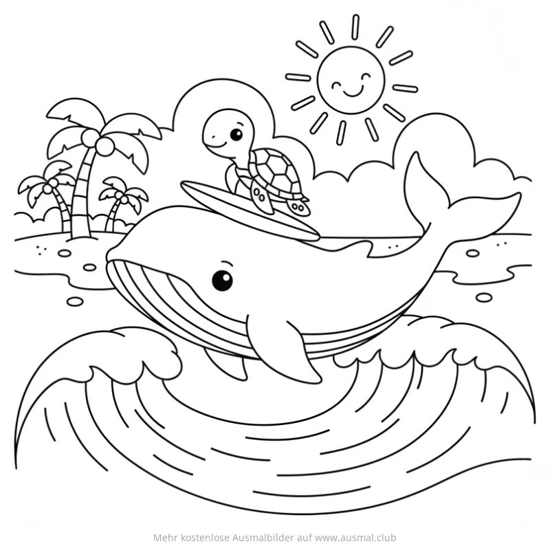 Wal mit Schildkröte auf Surfbrett Ausmalbild