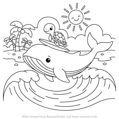 Wal mit Schildkröte auf Surfbrett Ausmalbild