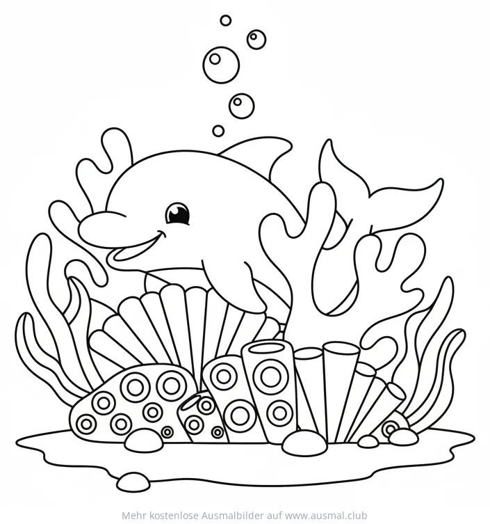 Delfin versteckt sich hinter Korallen Ausmalbild
