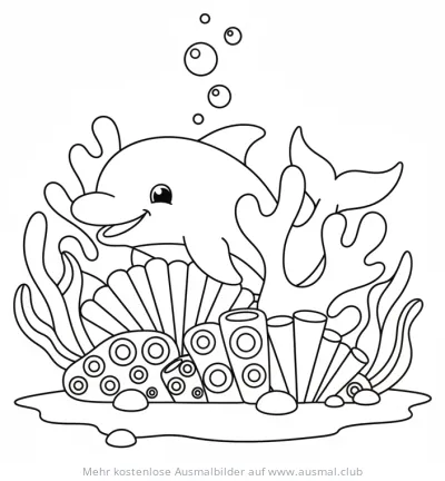 Delfin versteckt sich hinter Korallen Ausmalbild