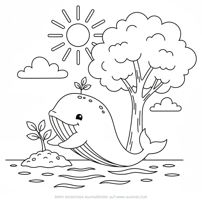 Freundlicher Wal mit Baum Ausmalbild