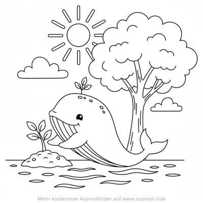 Freundlicher Wal mit Baum Ausmalbild