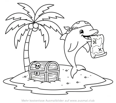Delfin mit Schatzkarte Ausmalbild auf Insel mit Palme und Schatztruhe