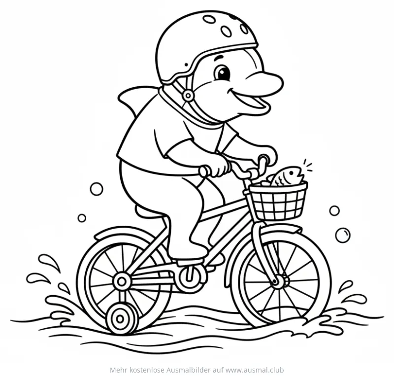 Delfin mit Helm fährt Fahrrad mit Fisch im Korb Ausmalbild