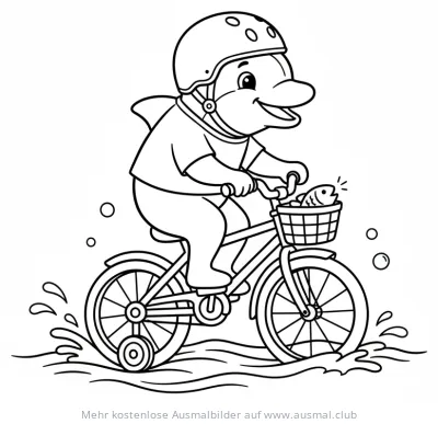 Delfin mit Helm fährt Fahrrad mit Fisch im Korb Ausmalbild