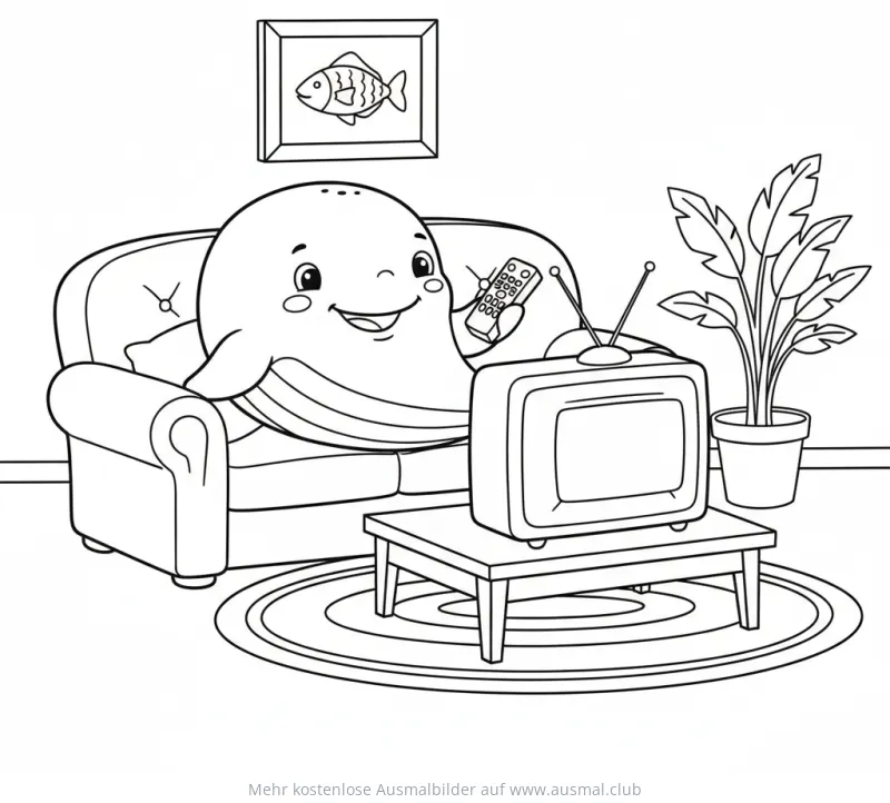Wal sitzt auf Sofa und schaut Fernsehen Ausmalbild