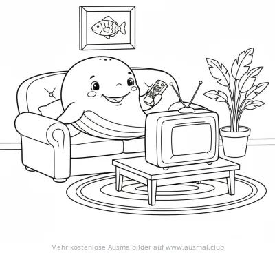 Wal sitzt auf Sofa und schaut Fernsehen Ausmalbild