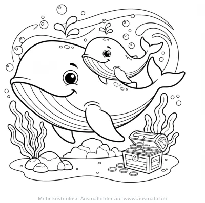 Wal Familie Ausmalbild mit Baby und Schatztruhe