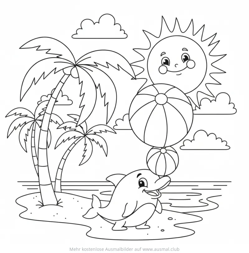 Delfin mit Ball am Strand Ausmalbild