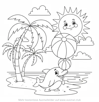 Delfin mit Ball am Strand Ausmalbild