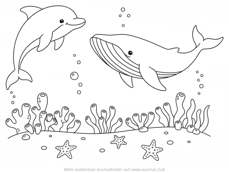 Wal und Delfin Ausmalbild mit Unterwasser-Szene